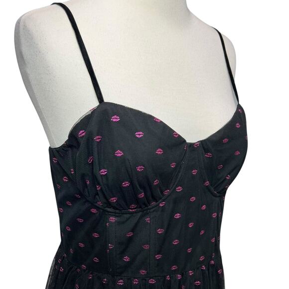 Betsey Johnson Corset Midi Dress 8 Black Lip Print Tulle Mesh Whimsical Romantic - Picture 4 of 15